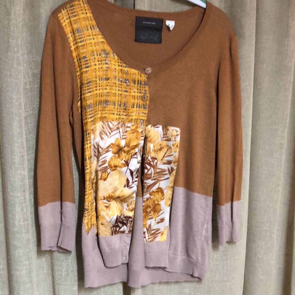 Guinevere by Anthropologie summer cardigan w/floral&grid patterns in golds Sz. M